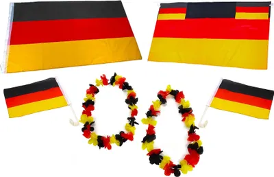 Produktbild von Deutschland 6-er Set Fanartikel, 1x Deutschland-Fahne, 2x Autofensterfahnen, 2x Hawaii-Ketten und 1x Flaggen-Cape mit Ärmel und Daumenschlaufen