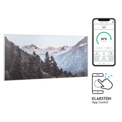 A product image showing a wall-mounted infrared heater with a mountain landscape design next to a smartphone displaying a control app.