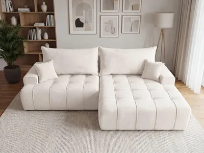 Produktbild von GrainGold Ecksofa L-Form Rechts Tulio - Ecksofa mit Schlaffunktion und Bettkasten - Moderne Ecksofa, Wohnzimmer Ecksofa - Eckcouch Creme (Komodo 10)