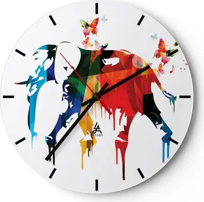Produktbild von Wanduhr - Rund - Glasuhr - Elefant Tierwelt Fantasie - 30x30cm - Schleichendes Uhrwerk - Lautlos - zum Aufhängen bereit - Dekoration Modern - Wanddekoration aus Glas - C3AR30x30-3079