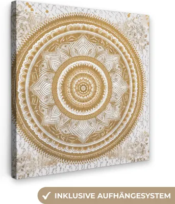 Produktbild von MuchoWow® - Leinwandbilder - Mandala - Blumen - Gold - Weiß - Design, Wandbild, Wanddeko Bilder Wohnzimmer, 20x20 cm