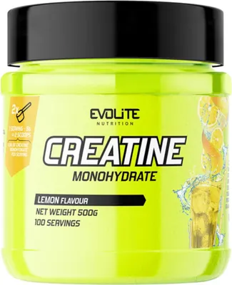 A bright yellow container of Evolite Nutrition Creatine Monohydrate with lemon flavor.