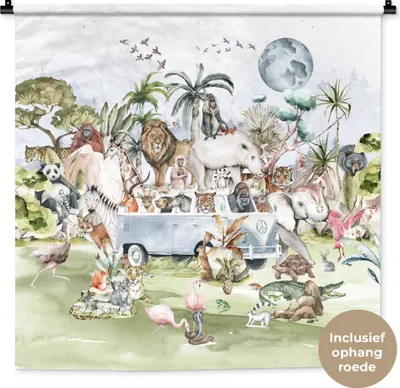Produktbild von MuchoWow® Wandteppich Wandbehang Dschungel - Bus - Tiere - Kinder - Pflanzen 90x90 cm Tapisserie Dekoration Wandtuch - Wandaufhänger