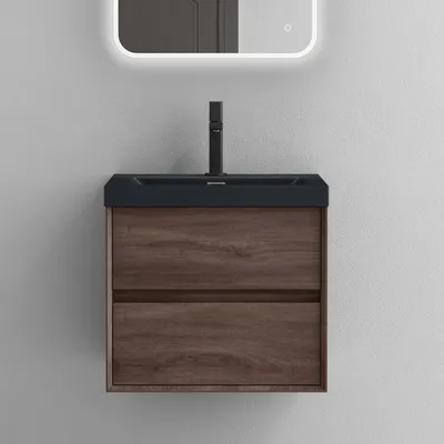 Produktbild von doporro Badmöbelset Waschbecken-Unterschrank mit Soft-close in Eiche Stirling Wandhängender Badezimmerunterschrank 60cm inkl. matt Anthrazit Mineralguss-Waschbecken Rimo
