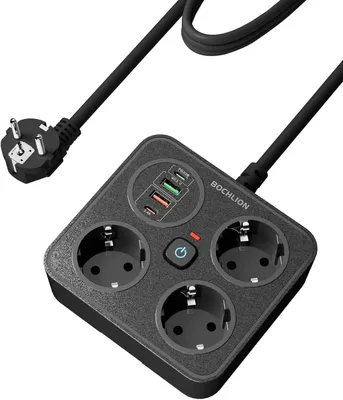 Produktbild von Steckdosenleiste mit 4 USB-Anschlüssen - 3 Mehrfachsteckdosen - Platzsparend mit Überspannungsschutz - PD20W und QC3.0