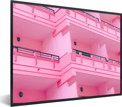 Produktbild von MuchoWow® Gerahmtes Poster Balkon - Sommer - Rosa - Architektur 40x30 cm - Poster mit Schwarzem Bilderrahmen Wandposter Rahmen Foto Bilder - Kunstposter - Wanddekorationen