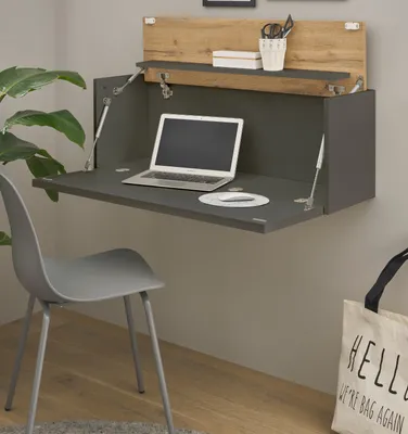 Produktbild von Sekretär Center matt grau und Wotan Eiche, Wandsekretär für Homeoffice und Büro