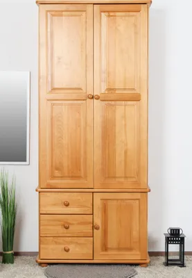 A wooden wardrobe with two doors on top and drawers and a single door on the bottom, shown in a room with a mirror and a plant.