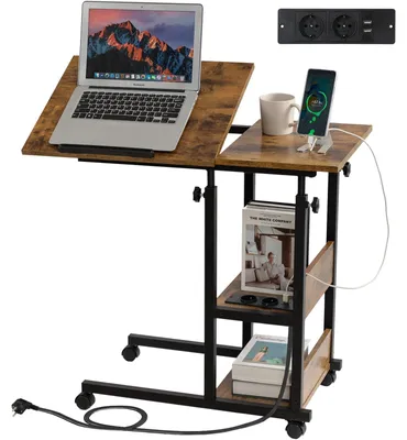 C-Beistelltisch höhenverstellbar mit Rollen, Steckdosen & USB