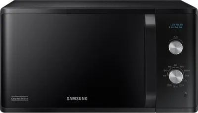 A front view of a black Samsung microwave oven.