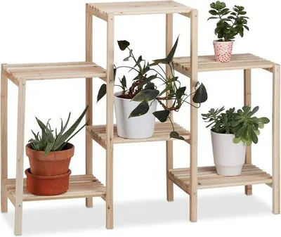 Productafbeelding van Famanu plantenstandaard met 6 plateaus - decoratieve bloemenstandaard van hout