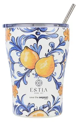Produktbild von ESTIA | Thermobecher - 350 ml - Isolierbecher mit Zitronenmuster - mit Dichter Deckel und Strohhalm