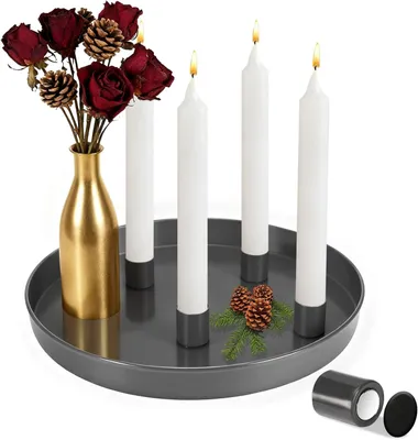 Immagine prodotto di Vassoio decorativo in metallo, vassoio magnetico per candele, vassoio in metallo per candele da 25 cm con 4 supporti magnetici per candele a stelo