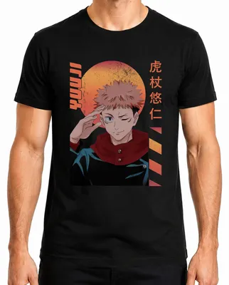Imagen del producto de Camiseta retro para hombre, estilo anime, con el diseño de Jujutsu Kaisen, con la imagen de Itadori Yuji y un guiño, color negro, talla M