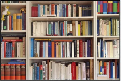 Produktbild von Wallario Wandbild Weißes Bücherregal mit unterschiedlichen Büchern, Größe: 61 x 91,50 cm, Poster mit schwarzem Aluminiumrahmen