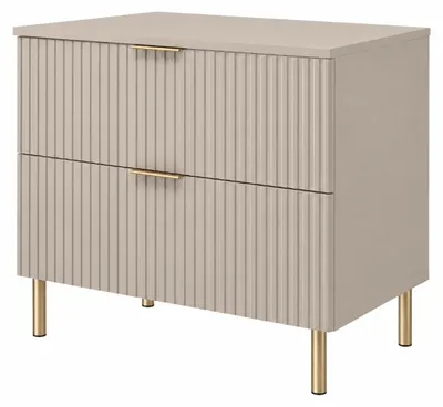 Productafbeelding van Badkamerkast, staand model, 80 cm breed, met ribbelstructuur aan de voorkant (16 mm), afwerking in Kaschmir en glad Kasmir, handgrepen in twee kleuren, afmetingen: 80 x 46 x 73,6 cm, AI-gegenereerde afbeelding