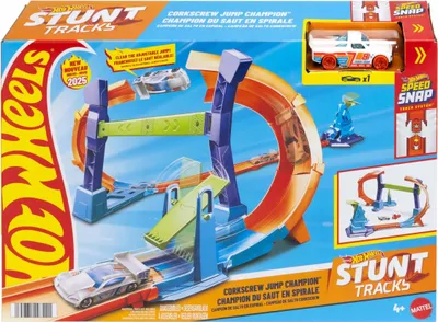 Produktbild von Hot Wheels Action Stunttracks Sprung durch die Spirale Trackset und Spielzeugauto im Maßstab 1:64, Track-Schnellstecksystem, Fahrzeug- & Schienen-Set, 4 Jahr(e), Kunststoff, Mehrfarbig
