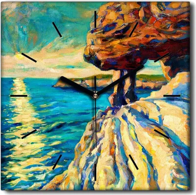 Produktbild von Coloray Uhr auf Leinwand 30x30 cm Wand Uhr Dekoration Wohnzimmer Segeltuch schwarze Hände -Sonnenuntergang-Ozean
