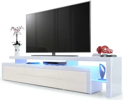 Produktbild von Vladon TV Board Lowboard Leon V3,  Germany, Korpus und Überbau in Weiß Hochglanz / Front in Creme Hochglanz mit Rahmen in Weiß Hochglanz inkl. LED Beleuchtung (227 x 52 x 35 cm)