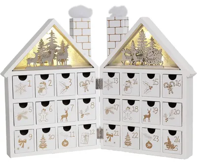 Productafbeelding van Adventskalender van hout, met 24 lades, LED-verlichting, winterbosmotief, wit