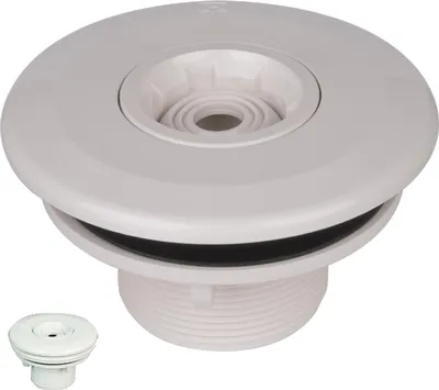 A white plastic pool inlet nozzle with a black rubber seal, shown from a slightly elevated angle. A smaller, similar nozzle is visible in the bottom left corner.