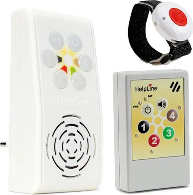 Produktbild von Kombi-Notrufsystem HelpLine 2.0 und -Steckdosenempfänger für die häusliche Pflege; Notrufsystem mit Funk Notruf Armband; Notrufknopf für Senioren; Pflegeruf Set