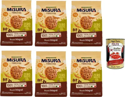 Produktbild von 6x Misura Biscotti Integrali Fibrextra Vollkornkekse, 100% Vollkornmehl, Reich an Ballaststoffen, biscuits cookies 330g + Italian Gourmet polpa 400g