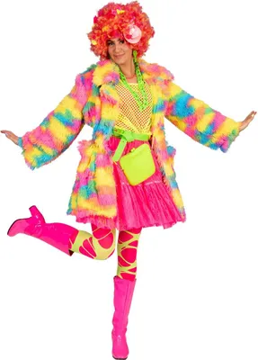 A woman wearing a colorful 90s-themed costume.