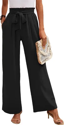 Image de ASKSA Pantalon femme jambes larges Taille haute Pantalon décontracté léger avec poches, Noir, Taille : M