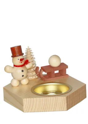 Produktbild von Weihnachtsdekoration Teelichthalter Schneemann kleine mit Schlitten natur BxHxT 6,5x10,5x6,5cm NEU