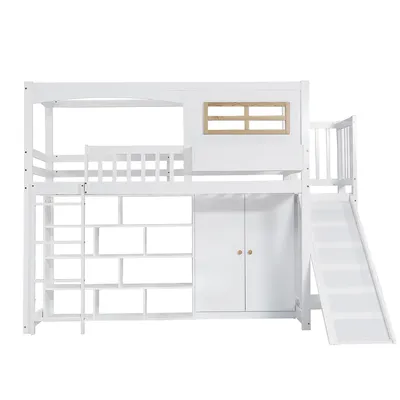 Produktbild von Kinderbett mit Fallschutzgitter Kinderrutsche und Kleiderschrank und Vierstufiger Leiter Etagenbett Hausbett Jugendbett 90x200cm Weiß