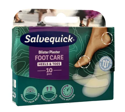 The image shows the packaging of Salvequick Blister Plaster Foot Care for Heels & Toes.