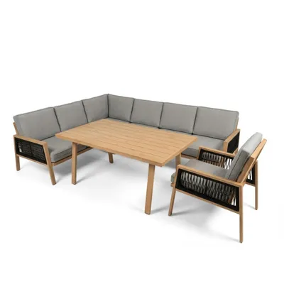 Produktbild von Monaco Lounge-Dining-Set mit Sessel, Gartenlounge 6-teilig, Aluminium in Holzoptik, Rope-Design, graue Kissen, Tisch 150 cm