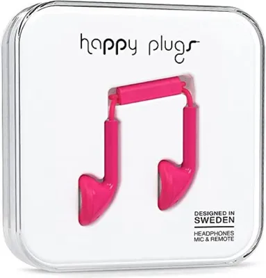 A clear product shot of pink Happy Plugs earbuds in their packaging.