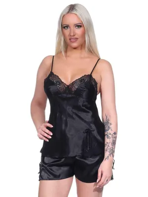 Produktbild von Damen Satin Nachtwäsche Pyjama Set Shorty Satin mit Spitze; Schwarz/XL/42