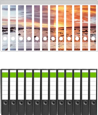 Produktbild von Wallario 12 Stück schmale Ordner inkl. Klebeetiketten mit Motive Wattwanderung am Meer bei Sonnenuntergang -  Set mit Rückenschildern / Ordnerrücken Stickern