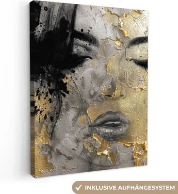 Produktbild von MuchoWow® - Leinwandbilder - Frau - Kunst - Gold - Schwarz, Wandbild, Wanddeko Bilder Wohnzimmer, 90x120cm