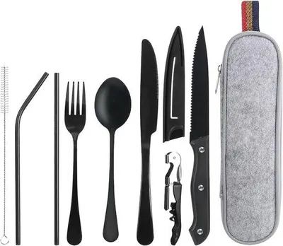 Produktbild von Famanu Camping Besteckset 9-teilig aus Edelstahl mit Aufbewahrungstasche - für den Außenbereich