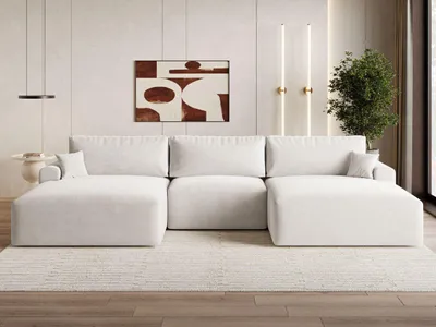 Produktbild von GrainGold Ecksofa U-Form Serene - Ecksofa mit Schlaffunktion, Bettkasten - Moderne Ecksofa, Wohnzimmer Sofa - Eckcouch mit Velvet-Stoff - Creme (Castel 03)