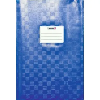 A blue folder with a checkered pattern and a white label.