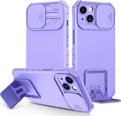 Produktbild von iPhone 13 Hülle, Dual Layer Ständer Schutzhülle mit Schiebe Kamera Schutz für iPhone 13 Lila