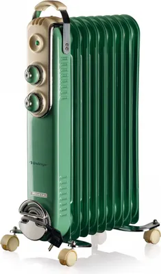 A green oil-filled radiator with cream-colored controls and a silver handle, shown on a white background with wheels.