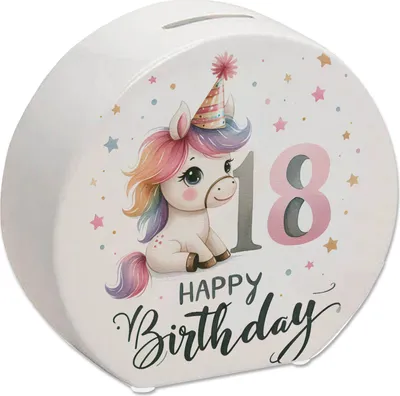 Produktbild von 18. Geburtstag mit niedlichem Pferd Spardose mit Spruch Happy Birthday 18