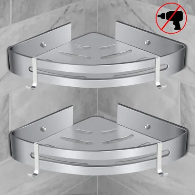 Produktbild von Duschregal Ohne Bohren Badregal Eckregal Aluminium Duschkorb Selbstklebender Duschablagen Regal Duschablage für Badezimmer Dusche Bad Küche, Rostfrei, mit 4 Haken(Dreieck, 2 Stück)