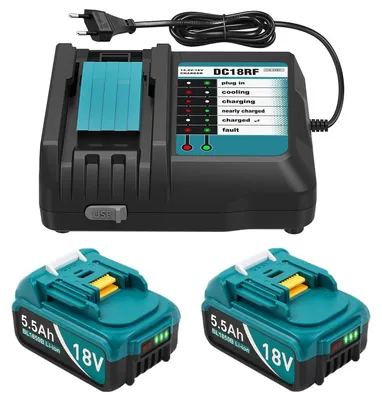 Ladegerät + 2 Akkus 18 V 5500 mAh, kompatibel mit BL1815-BL1890