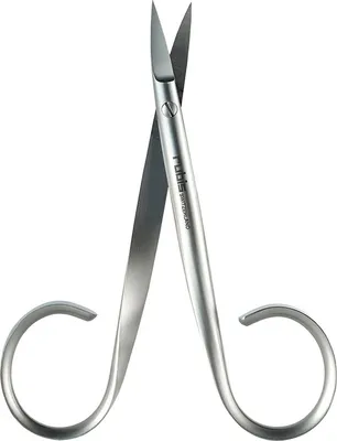 A pair of stainless steel cuticle scissors on a white background.