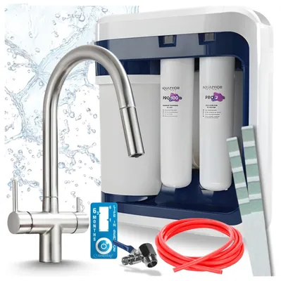 Produktbild von Ari 3-Wege-Küchenarmatur Slender, Edelstahl, Ausziehbare Spültischarmatur Im Set Mit Aquaphor Ro-202S Pro Wasserfiltersystem
