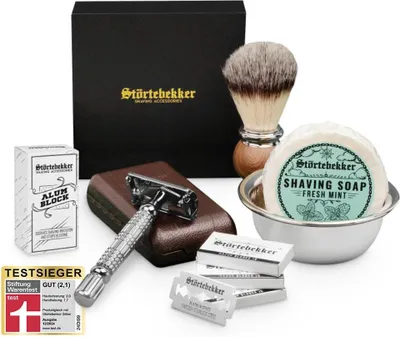 Produktbild von Störtebekker® Premium Rasierset - Rasierhobel Silber – inkl. Echtlederetui (Café) - Rasierseife Fresh Mint Duft - Rasurset / Bartpflege Set