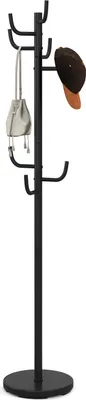 A black coat rack with a bag and a hat on it, isolated on a white background.