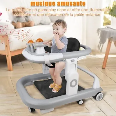 Image de Support d'apprentissage de la marche pliable pour bébés, avec 5 niveaux de réglage, plateau musical amovible, disponible en rose et blanc, dimensions : 67 x 57 x 55 cm (gris)